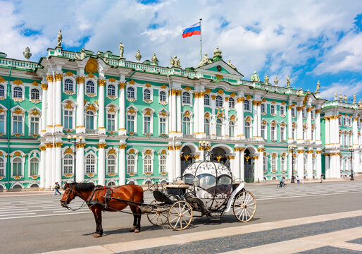 Horse carriage on Palace square and Hermitage museum at background, Saint Petersburg, Russia