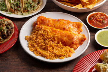 Pair of Enchiladas with Red Sauce and Rice