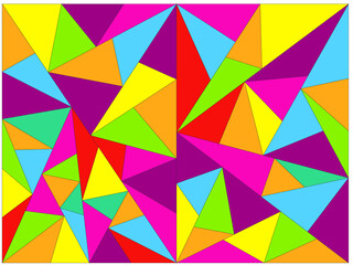 Grafika wektorowa przedstawiająca teksturę z utworzoną z wielokolorowych trójkątów posiadających różne kształty i wymiary.