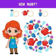How many garden watering cans and flowers lie next to the girl child gardener and florist? Counting educational kids game, kids math activity sheet. Cartoon colored vector illustration.