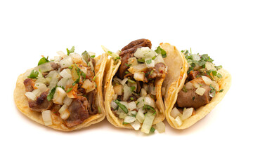 Three Delicious Buche Street Tacos Isolated on a White Background