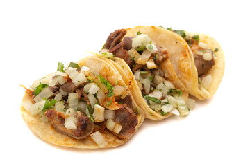 Three Delicious Buche Street Tacos Isolated on a White Background