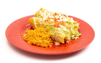 Pair of Mexicana Enchiladas with Seasoned Rice on a White Background