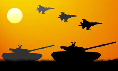 Fototapeta na wymiar War attack. Tanks and fighter aircrafts, silhouette. Vector illustration