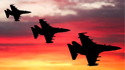 Military fighter aircrafts in sky, silhouette. Vector illustration - obrazy, fototapety, plakaty