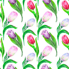 Seamless watercolor pattern, tulips of different types on a white background, wallpaper, wrapping paper, textile