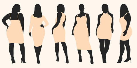 Curvy woman in summer dress vector set. Women silhouette. - obrazy, fototapety, plakaty