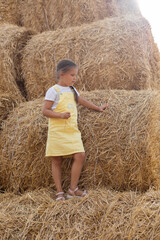 Naklejka na ściany i meble Portrait of nice young female kid standing on haystack thinking eyes looking down and holding hay in one hand wearing sundress. Having fun away from city on field full of golden hay.