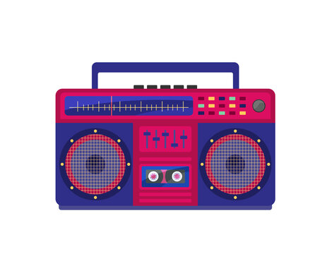 Boombox isolated vector object. Audio recorder retro device from 80 and 90s. Flat illustration of colorful trendy musical equipment on white background