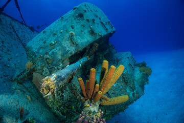 Guns on the bow section of a sunken Russian frigate which lies in the sand beneath the tropical sea...