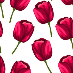 Spring colorful vector illustration with red tulips. Cartoon style. Design for fabric, textile, paper. Holiday print for Easter, Birthday, 8 march. Flowers with leaves