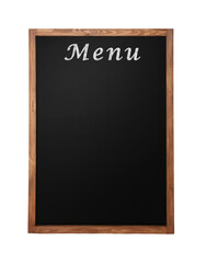 Black chalkboard with word Menu on white background. Mockup for design