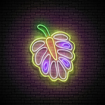 Glow cut cherimoya fruit. Exotic summer fruit. Neon Light Poster, Flyer, Banner, Signboard. Brick Wall. Vector 3d Illustration 