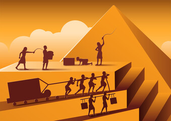 Building Pyramid in Egypt in ancient time use men to be slave the whole day with cartoon version,vector illustration - obrazy, fototapety, plakaty