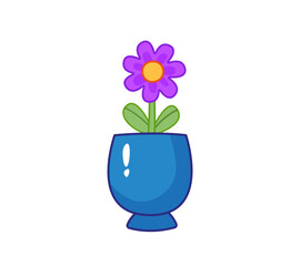 Purple tulip flower in a clay blue pot. Vector illustration in cartoon childish style with outline. Isolated funny clipart on white background. Cute summer print.