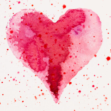 Watercolor painted pink heart, on the white watercolor paper.
