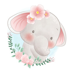 Watercolor style adorable baby elephant vector illustration