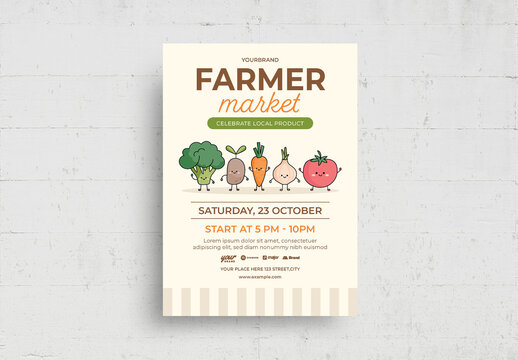 Farmers Market Flyer Poster with Cute Vegetables Illustrations
