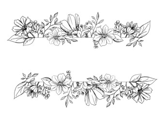 Graphic floral banner with leaves and flowers isolated on white background.
Black flowers on a white background
