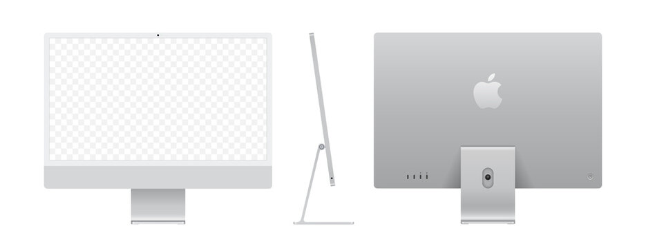 Apple IMac Device Mockup Silver Vector Set. Apple IMac Monoblock Monitor Mock-up. Realistic Computer With Empty Screen. PC On Front, Side, Back View. Vector Illustration.
