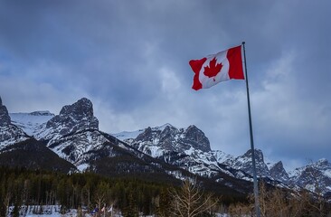 Canadian Flag By Mountains