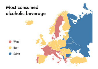 Obraz premium Most consumed alcoholic beverage in Europe per country