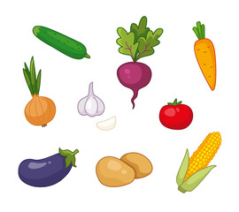 Set of cartoon vegetables. Eggplant, cucumber, garlic, potatoes, corn, beets. Vector illustration in cartoon childish style. Isolated funny clipart on white background. cute print.