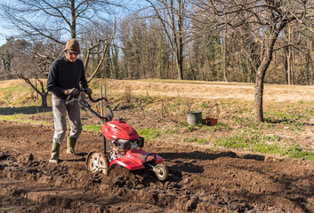 Senior man tilling ground soil with a rototiller in the garden. Spring garden preparation for seeding.