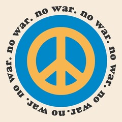 Peace, friendship, pacifism, yellow color icon vector in blue circle, hippie symbol. The inscription, no war.