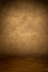 Painted canvas or muslin fabric cloth studio backdrop or background, suitable for use with portraits, products and concepts. Warm brown colors, with floor area included for full-length portraiture.
