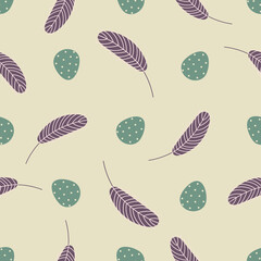 Easter seamless pattern with eggs and feathers. Festive Easter background. 
