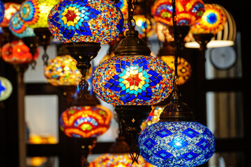 Traditional mosaic lamps. Authentic lamps background. Authentic mosaic lamps. Traditional patterns on the lamp. Decorative ornamental lanterns.