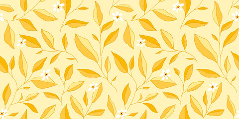 Seamless pattern with leaves and little flowers. Vector elegant floral background.