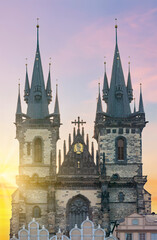 Fototapeta na wymiar Church of Our Lady before Tyn facade at sunrise, Prague, Czech Republic
