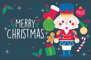 Nutcracker cartoon Merry Christmas greeting card Vector