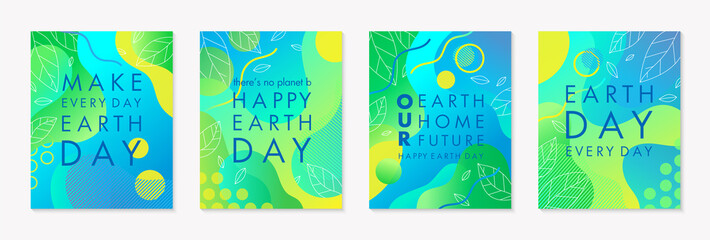 Set of Earth Day posters with green gradient backgrounds,liquid shapes,tiny leaves and geometric elements.Earth Day layouts perfect for prints, flyers,covers,banners design.Eco concepts.
