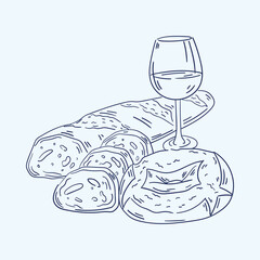 Isolated sketch of bread and wine glass Vector