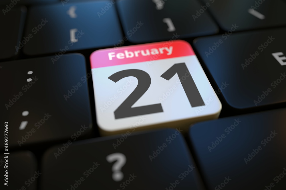 Poster february 21 date on a keyboard key, 3d rendering