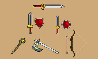 Diverse medieval weapons in cartoon style.