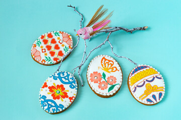 Colorful painted Easter egg shaped gingerbreads