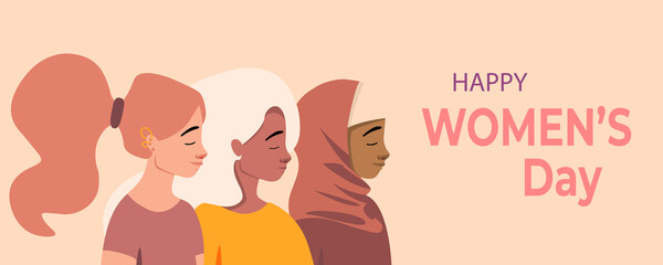 Vector International Women's Day card design. Girls friendship. Horizontal poster with Silhouettes of three  diverse culture women standing together. 