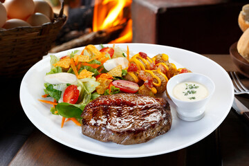 Sliced Picanha with tomato salad and lettuce