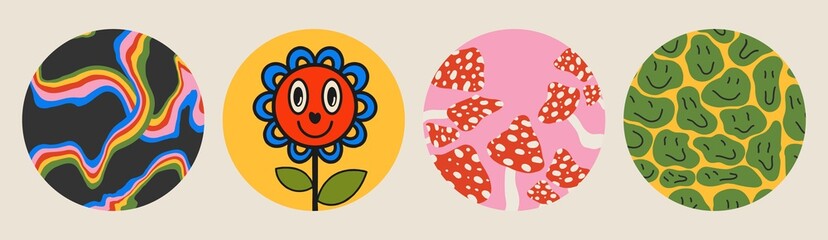 Hand-drawn abstract shapes. Set of multicolored vector illustrations. Cartoon, psychedelic style, flat design. All elements are isolated. Round posters, logo templates.