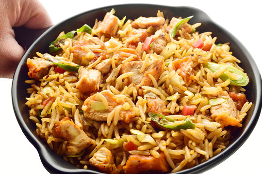 Chicken Fried Rice In Plate Isolated On White Background