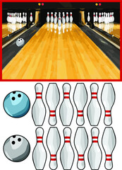 Bowling alley, pins and bowling ball