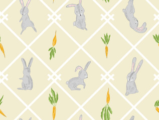 Tender baby seamless pattern with cute gray Easter rabbits and carrots in rhombus on pastel yellow background. Hand drawn sketch hare illustration for kids textile design, wrapping paper, surface