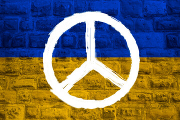 Ukrainian Flag on wall, white Symbol of pacifism and peace, basis for the text, art wallpaper,...