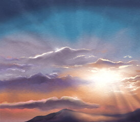 Summer evening sunset sky heaven clouds sun beams hills background digital watercolor art - 489280456