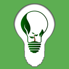 Green contour of shining electric light bulb with three green leaf. Isolated on White. Flat outline icon. Vector illustration.