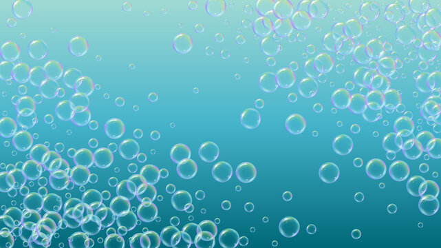 Bath bubble. Detergent soap foam and suds for bathtub. Shampoo. Rainbow 3d vector illustration flyer. Aqua fizz and splash. Realistic water frame and border. colorful liquid bath bubble.